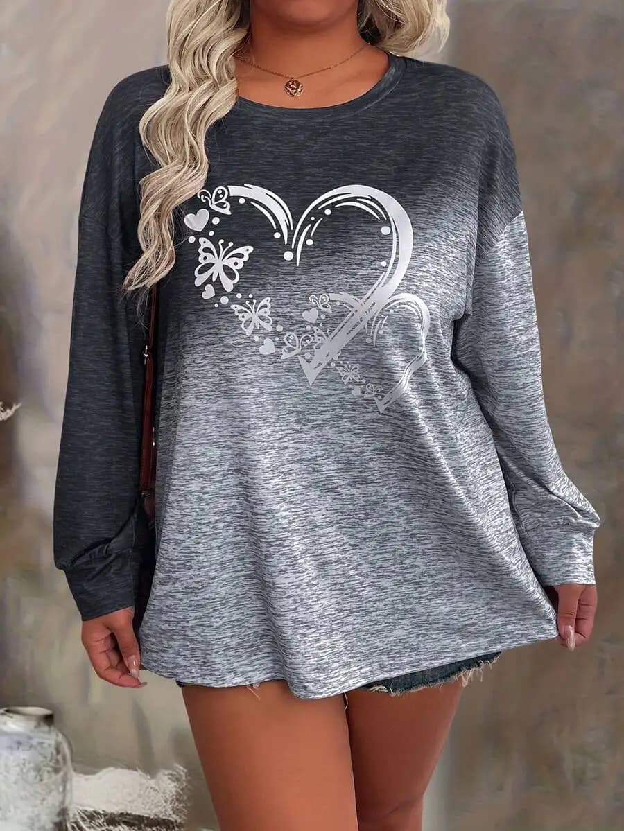 T-shirt casual da donna con stampa a cuore e farfalla, girocollo, maniche lunghe, taglie forti