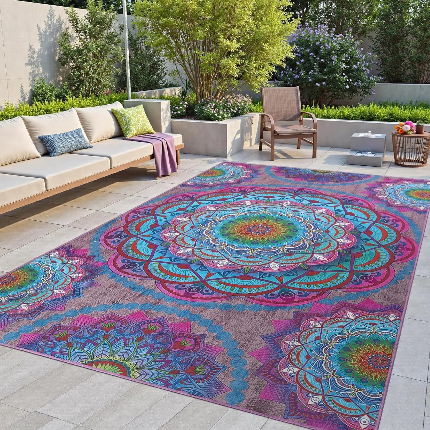 Tappeto con Motivo Mandala 5x8 ft, Stile Boho per Uso Interno ed Esterno, Tappetino Yoga Antiscivolo Facile da Pulire per Picnic e Patio
