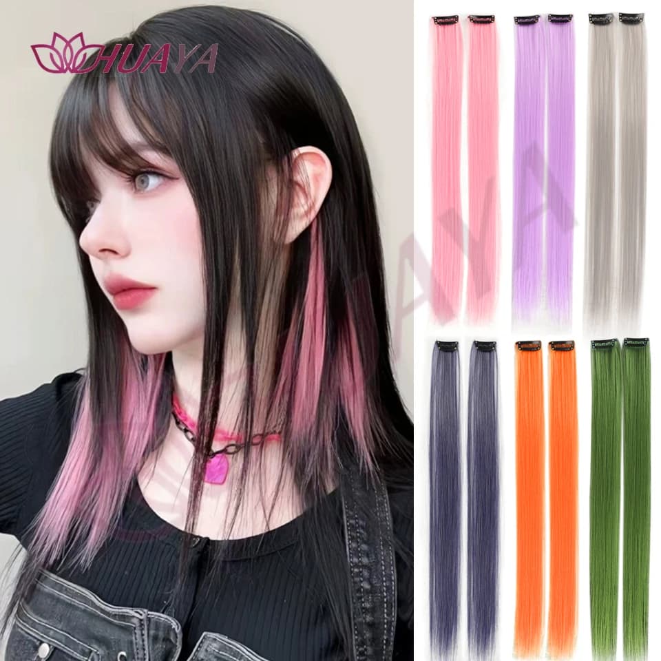 Sintetico 2 pezzi Clip colorata da 20 pollici nelle estensioni dei capelli, parrucca lunga diritta rosa/blu/viola Halloween/Natale buona 2026