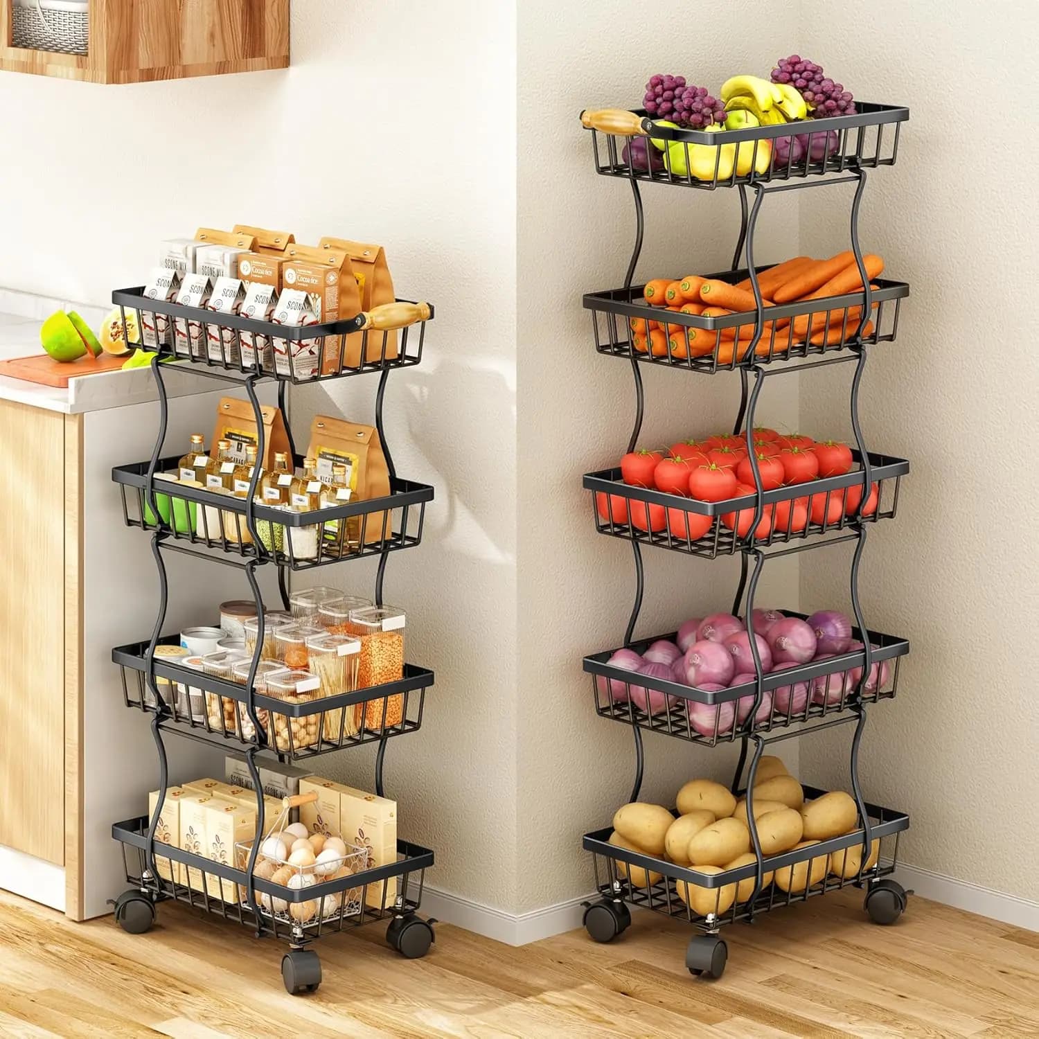 Black Stackable Metal Wire Fruit Basket Organiser - 4/5 Layers Multi-Shelf Organizer Utility Cart, Home Organizer Storage Rack for Fruits, Vegetables, Snacks, Multi-Shelf Organizer Utility Carts