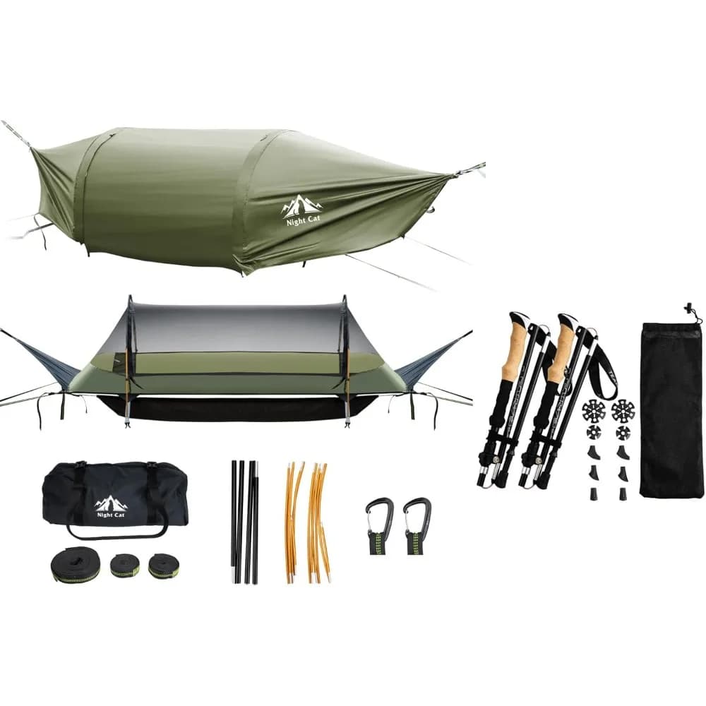 Flat hammock tent with hiking sticks for combined set flat hammock for 1 person