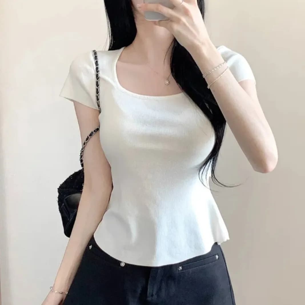 Summer Slim Fit Short Sleeve Knitted Top Women's T-Shirt Waist Exposure Design Korean Style Commute Fashion Breathable Skin-F...
