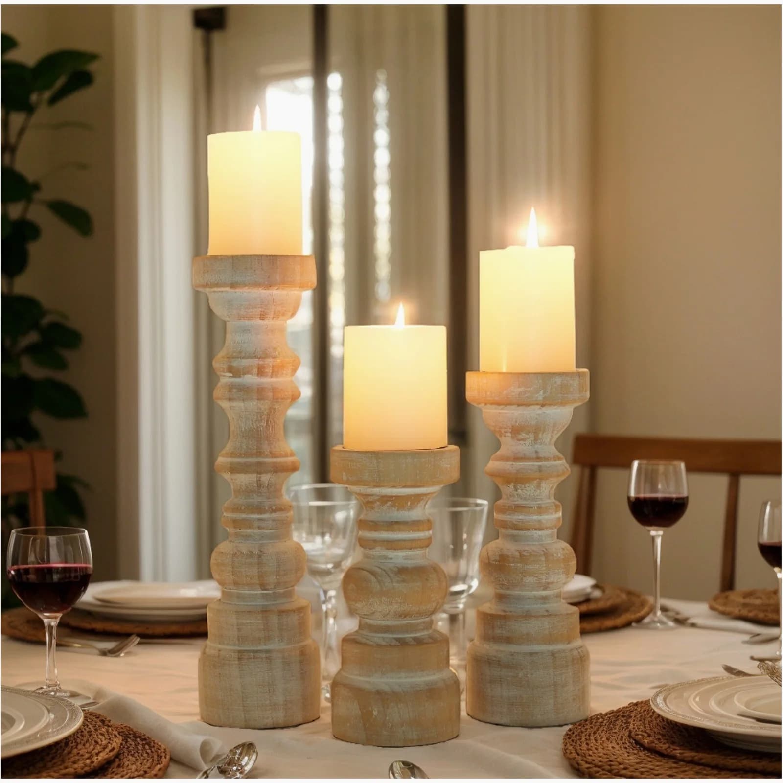 Set of 3 Wooden Candle Holders for Pillar Candles – Rustic Farmhouse Style, Natural Brown Finish, Handcrafted Look, Sturdy and L