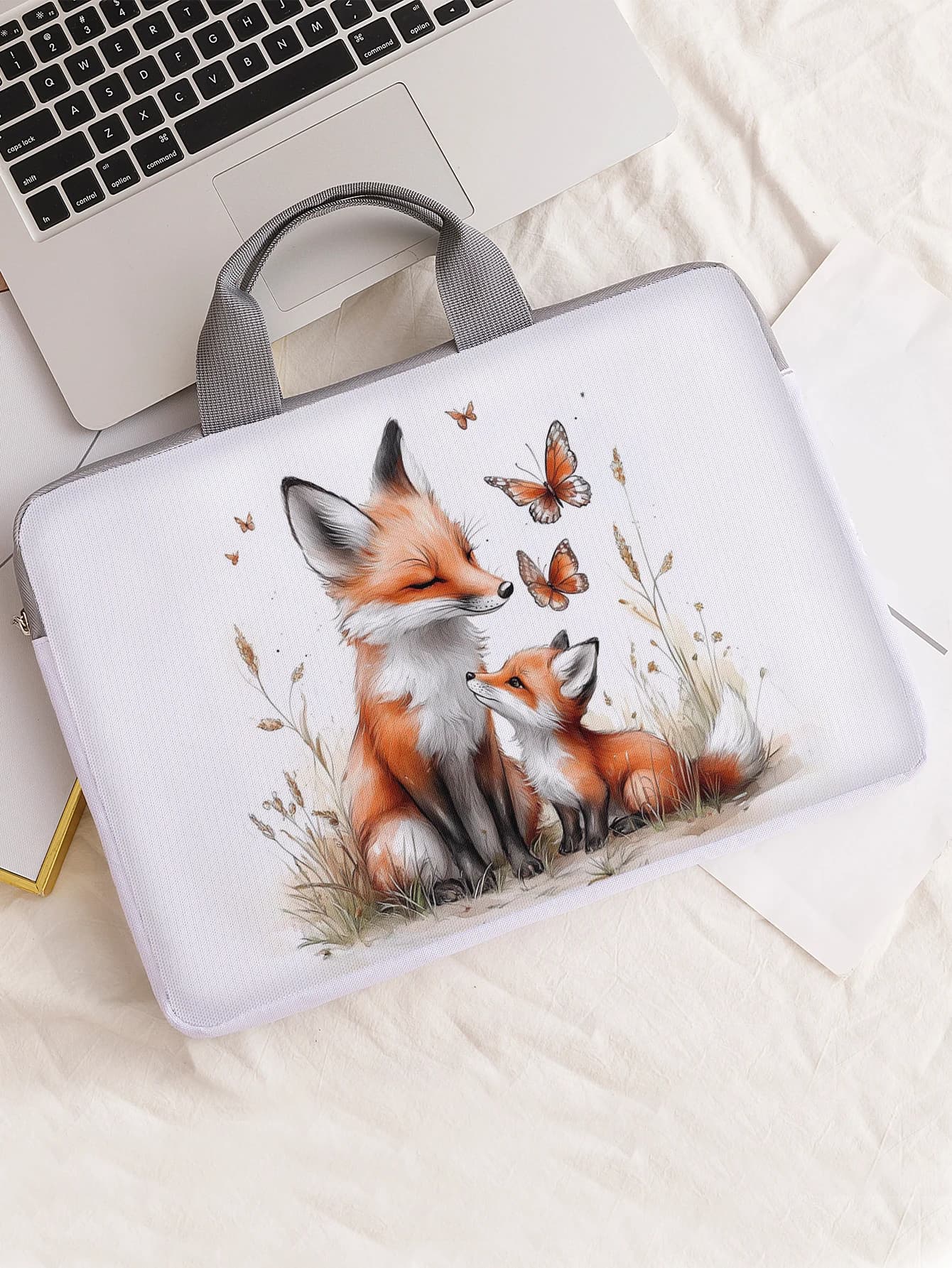 One Set, Two Styles, Colorful Parent and Baby Fox Printed Laptop Sleeve, Briefcase, Suitable for 14-inch Laptops