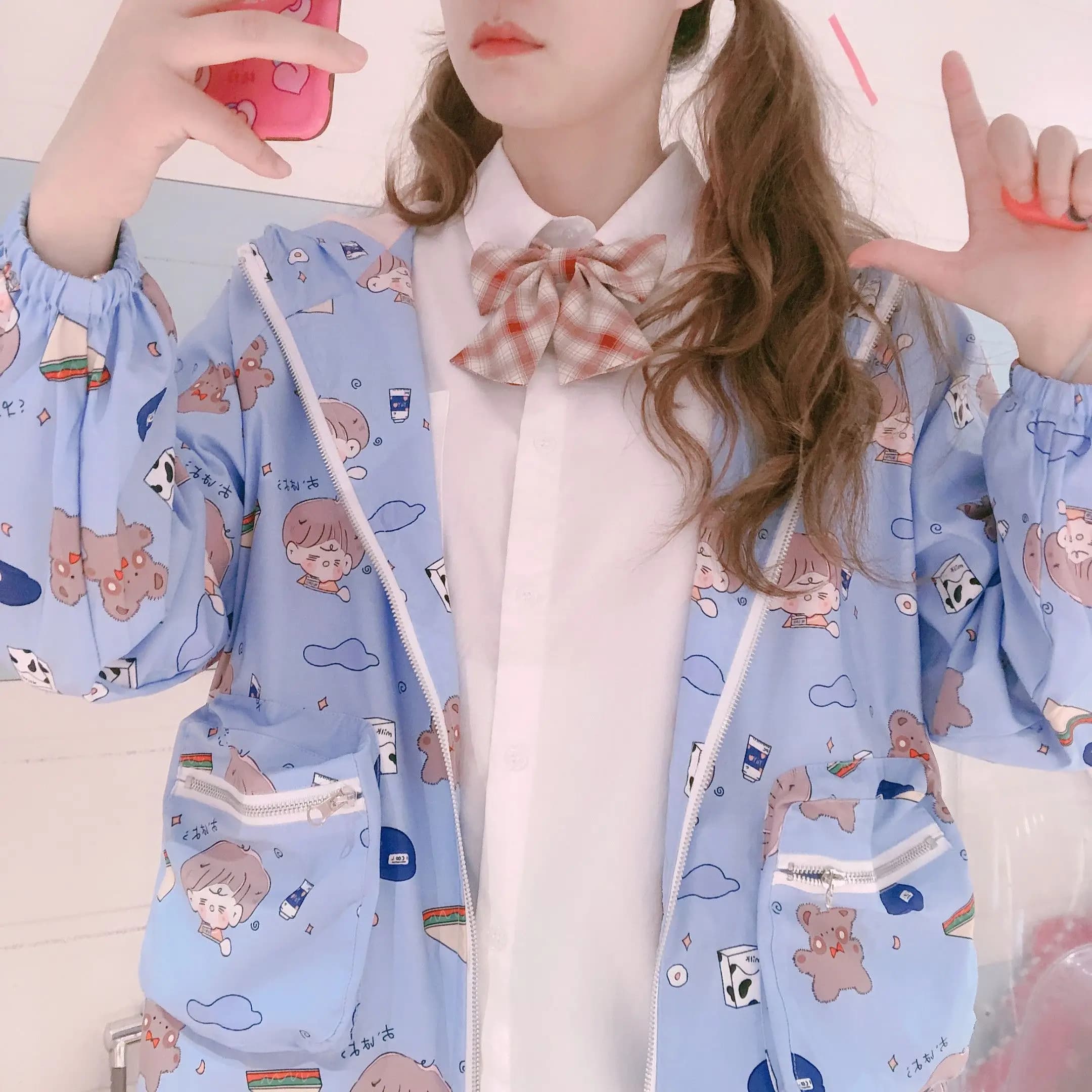 Autumn New Style Japanese Soft Girl Bear Graffiti Loose Hooded Long Sleeve Fashionable Jacket for Students Trendy Casual Wind...