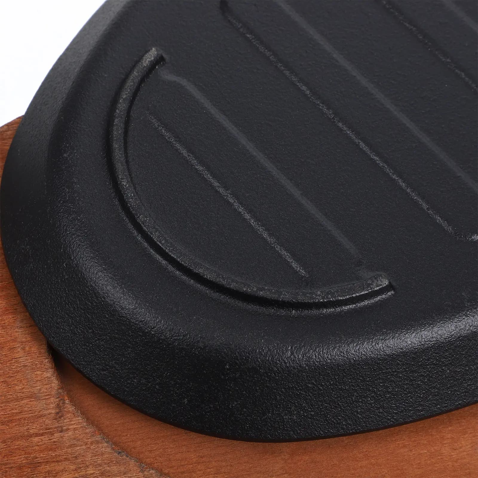 1Set Iron Grill Pan Steak Plate Cast Iron Serving Plate with Wooden Tray for Home Outdoor Barbecue Cooking Steak Fish Fry Pan