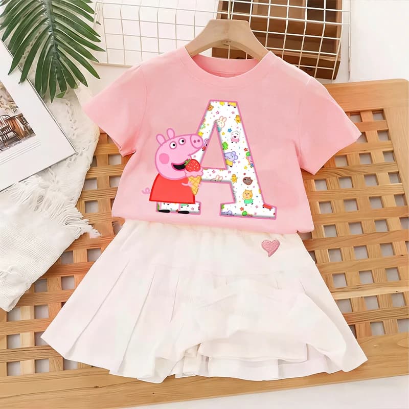 Set Estivo Peppa Pig: T-shirt Carina e Gonna Plissettata, Abbigliamento per Bambine, Magliette con Lettere A-Z, Gonne in Cotone, Top per Bambini, Kilt a Maniche Corte, Regalo
