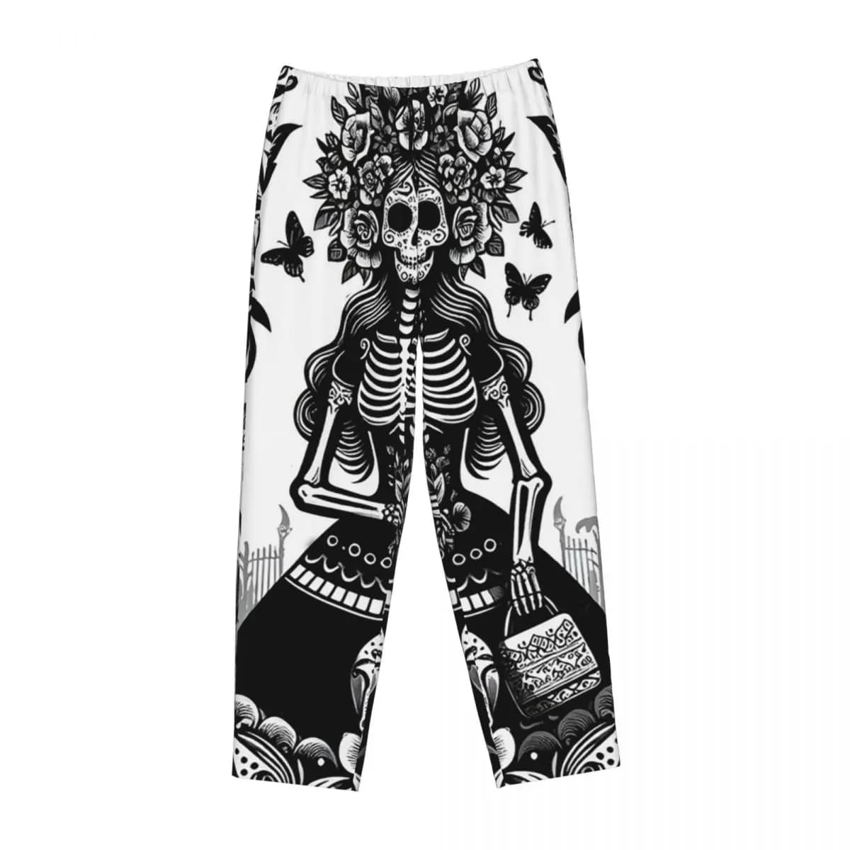 Custom Mexican Catrina Girl Day Of The Dead Sugar Skull Women Pajama Pants Lounge Sleep Sleepwear Bottoms with Pockets