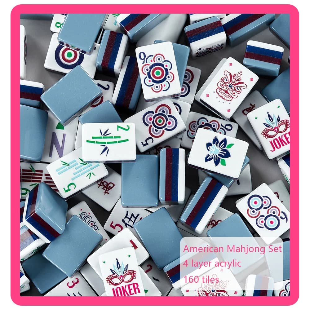 Gray Blue Luxury Engraved American Mahjong Sets Acrylic Mahjong 160 Tiles Leisure Family Party Games Portable MahJong