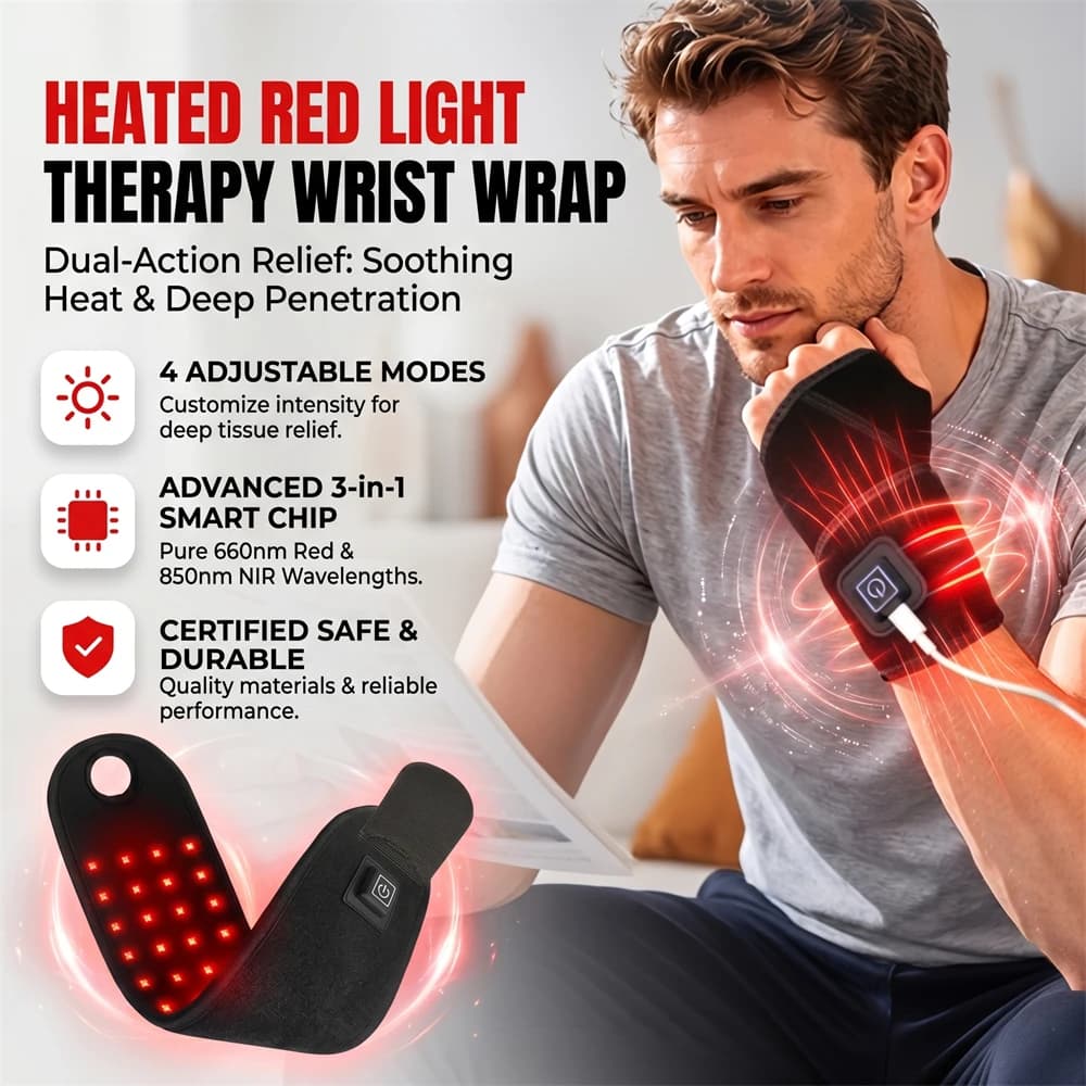 Red & Near Infrared Light Wrist Wrap Device 6-Level Light 4-Level Vibration Massage Wearable Hand Relaxer for Comfort & Recovery
