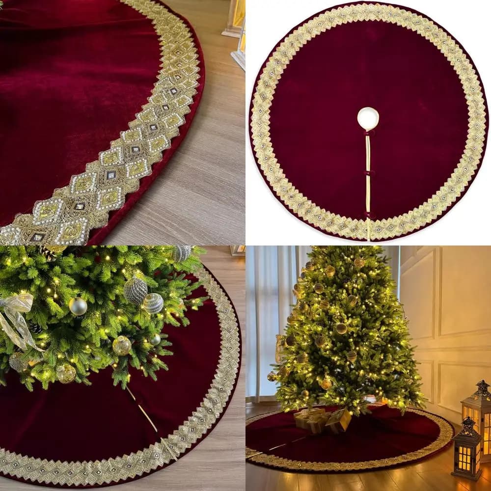 Elegant Christmas tree skirt in burgundy velvet 84 with golden finishes and closure with buttons