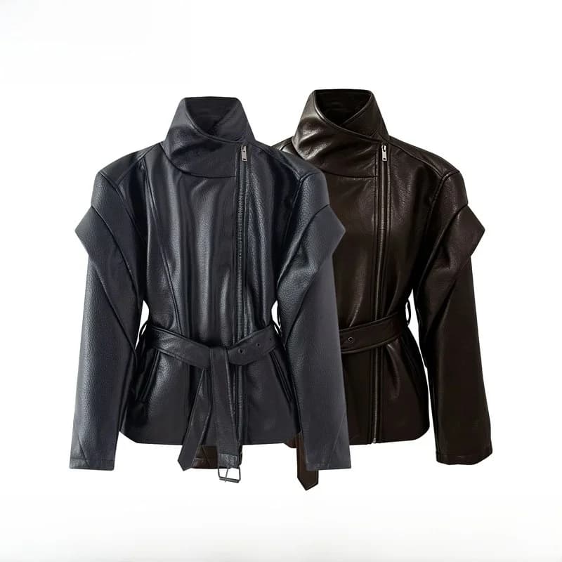Spring Summer New Women's Fashion High Collar Side Zip Waist Cinched Jacket ZR Style Long Sleeve Short Length Polyester Fiber