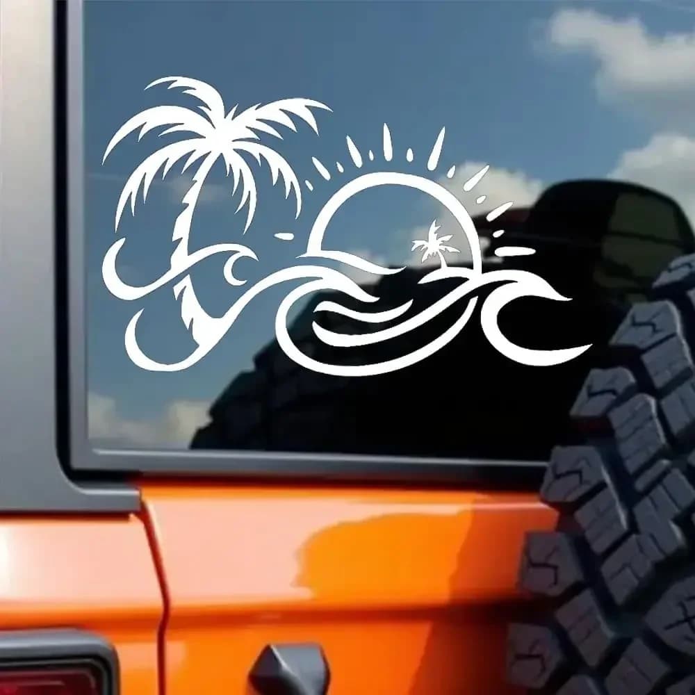 1PC Tropical Palm Tree Sun Wave Sticker Waterproof Vinyl Decal for Car Laptop Window Bumper Decor