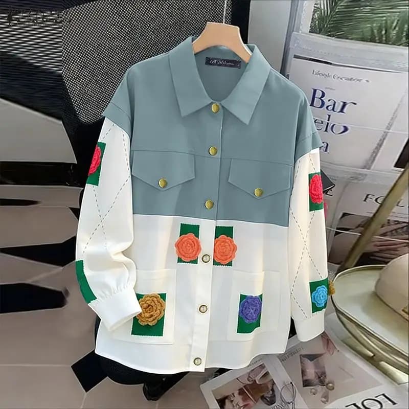 ZANZEA Camicia a Maniche Lunghe da Donna, Blusa Casual con Stampa Floreale, Autunno 2026, Elegante Top da Lavoro con Tasche, Blusas Femme