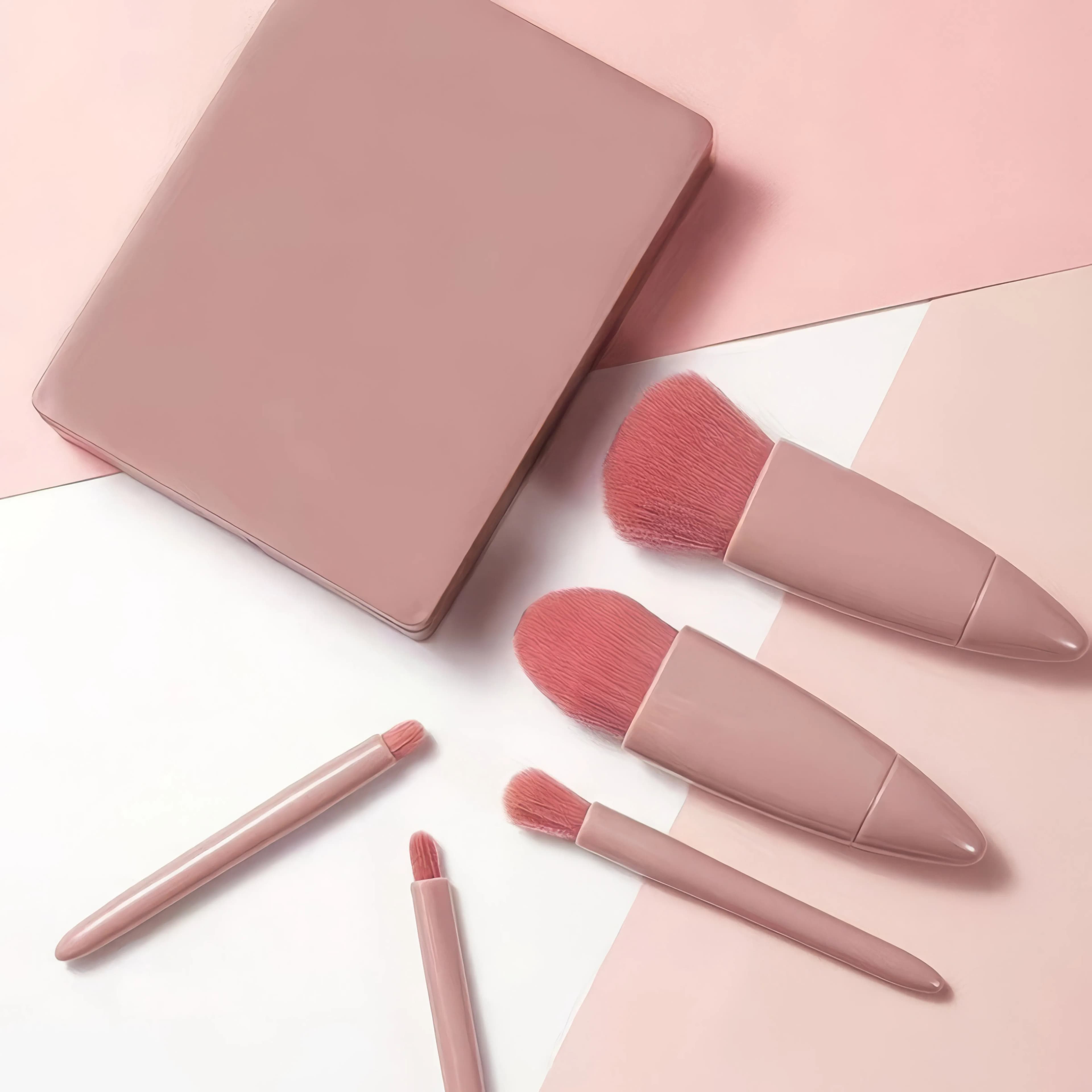 Kit di Pennelli per Trucco Portatile Rosa 5 Pezzi Compatto con Specchio Setole Morbide per Blush Ombretto Fondotinta Strumenti di Bellezza