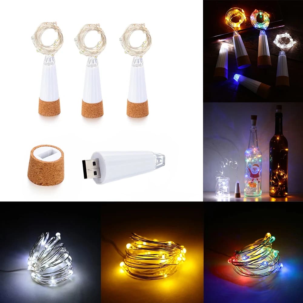 2m 20 LED Bottiglia di sughero Fata Luce USB ricaricabile Decorazione per interni Lampada a corda per camera da letto Festa in casa Matrimonio Natale