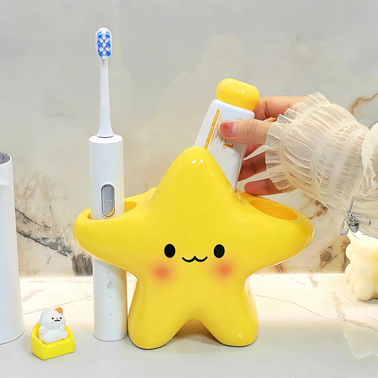 Porta spazzolino a forma di stella simpatico cartone animato, organizer per spazzolino con ripiano per dentifricio per piano di lavoro del bagno