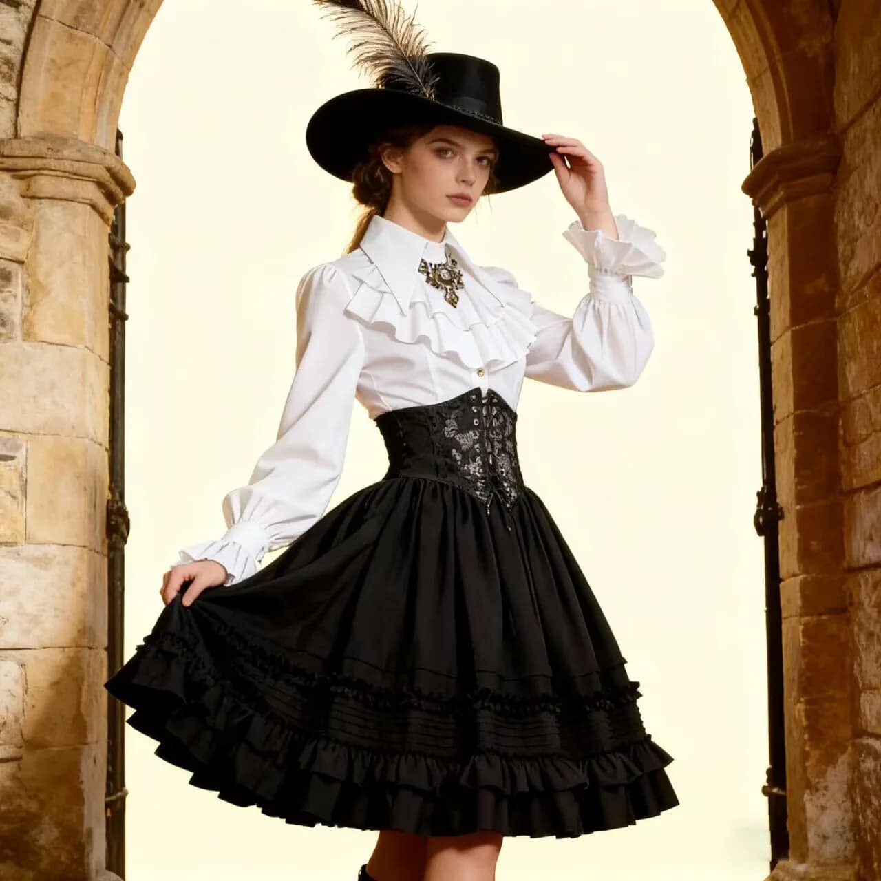 Abito Vittoriano da Donna Stile Medievale Steampunk con Gonna a Strati, Corsetto Snellente, Dolci Volant, Camicia per Halloween