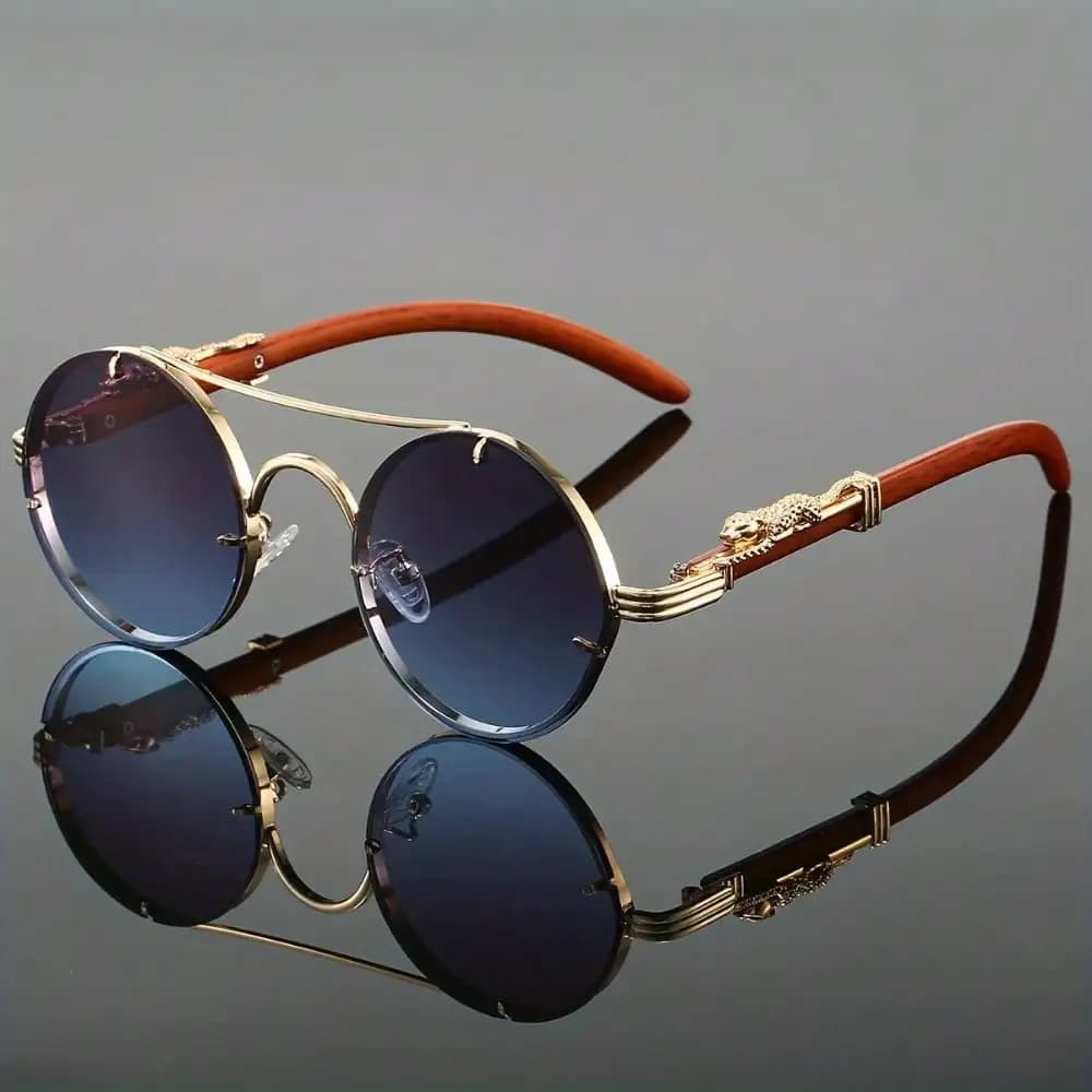 Occhiali da sole eleganti con montatura rotonda in metallo - Lenti in PC con gradazione graduale e custodia protettiva, design lussuoso a doppia montatura, cerniera con dettagli leopardati, adatti per uomini e donne, perfetti per le vacanze, la fotografia di strada e come regalo unico.