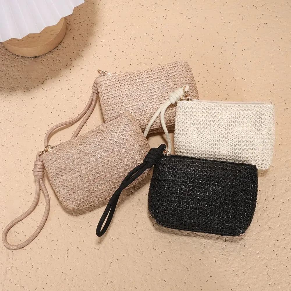 Portamonete Mini in Paglia con Cerniera per Donne e Ragazze, Porta Carte e Monete, Borsa Porta Soldi alla Moda