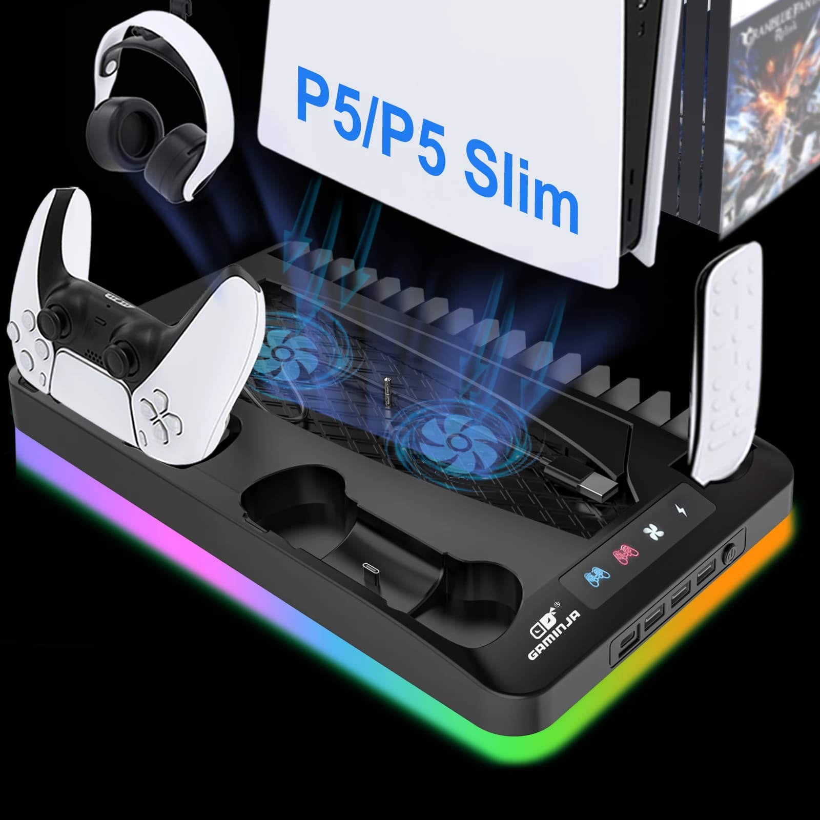 Supporto per auricolari PS5, porta CD per giochi, base di ricarica per controller, ventola di raffreddamento silenziosa per accessori PS5