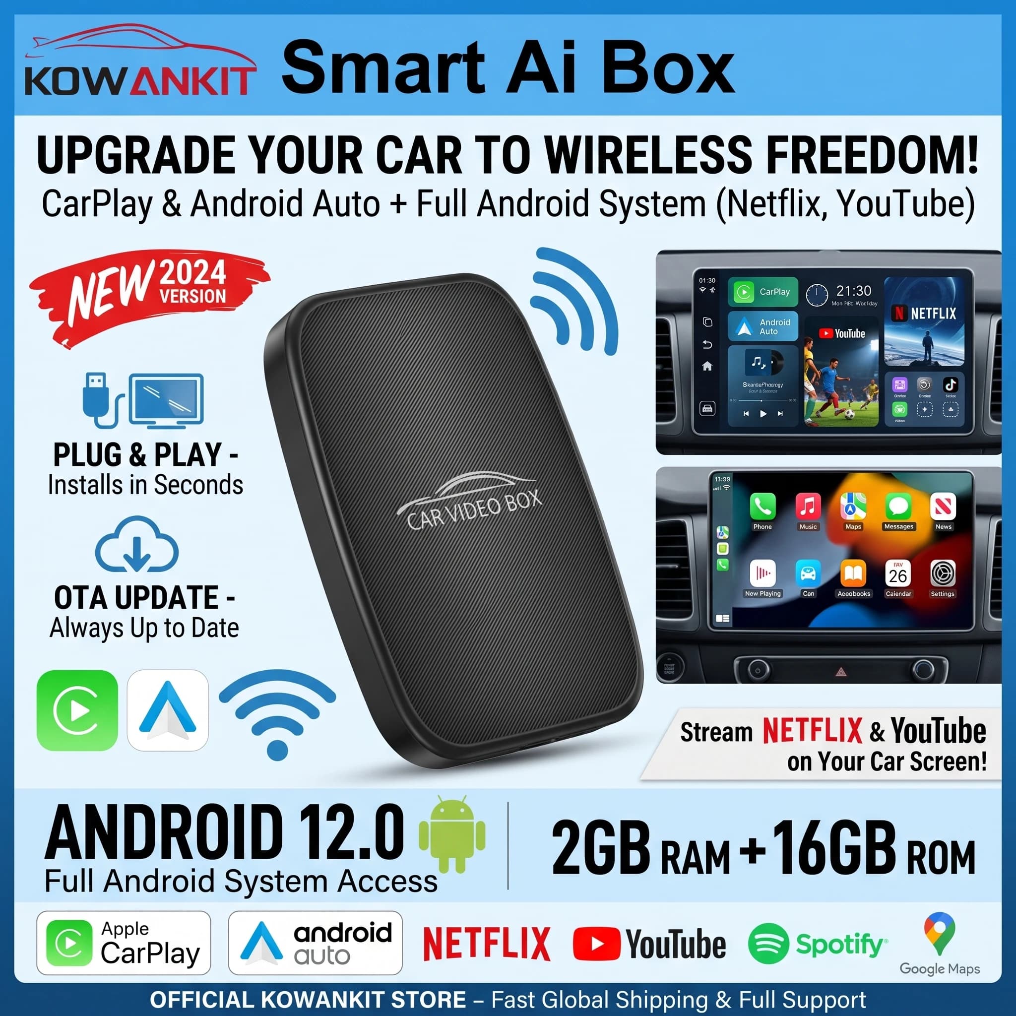 2026 KowanKit 3 in 1 Wireless CarPlay Android Auto Mini AI Box Android TV per YouTube Netflix BT WiFi Plug & Play Adattatore Smart