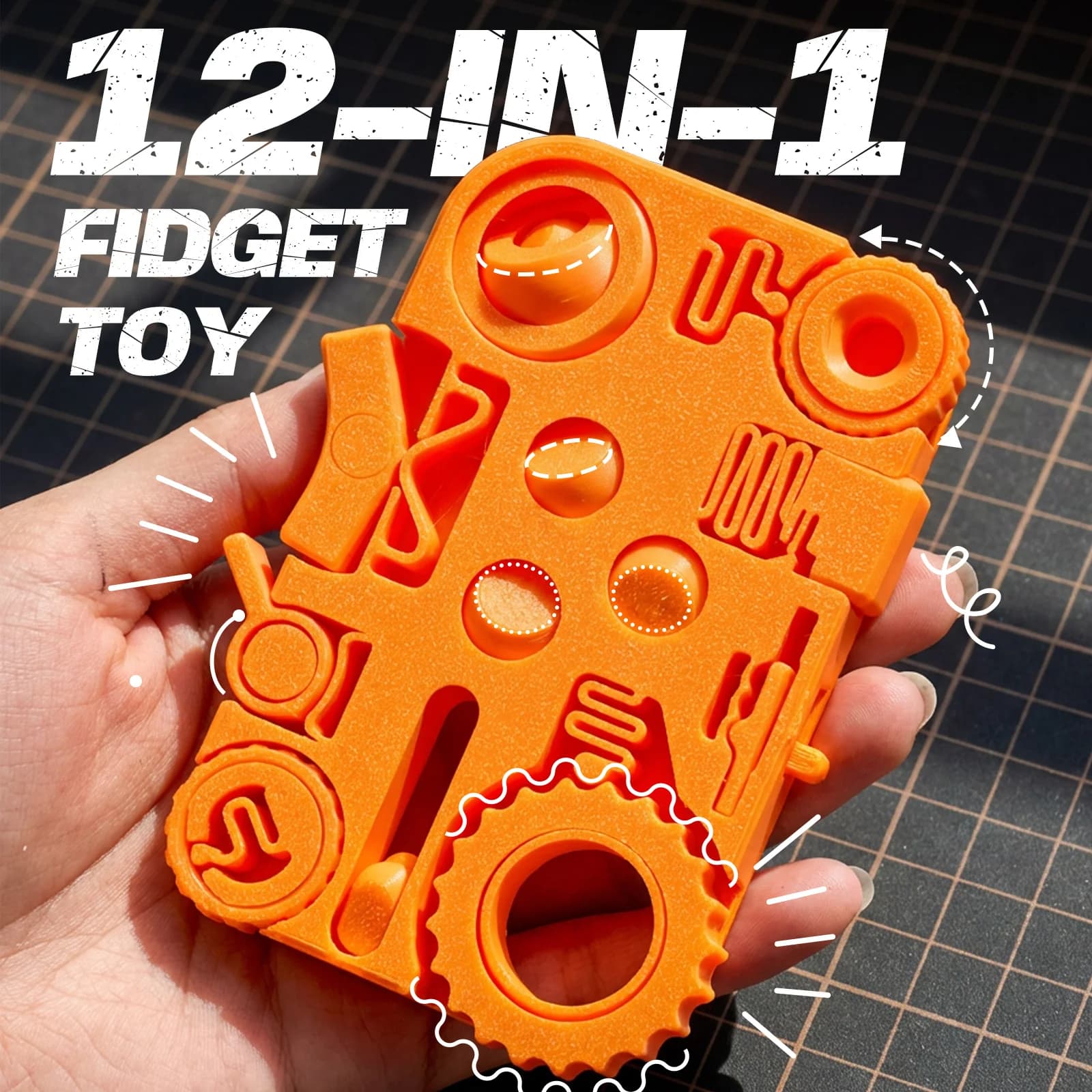 Spinner da dito 3D stampato 12-in-1, antistress a forma di ingranaggio