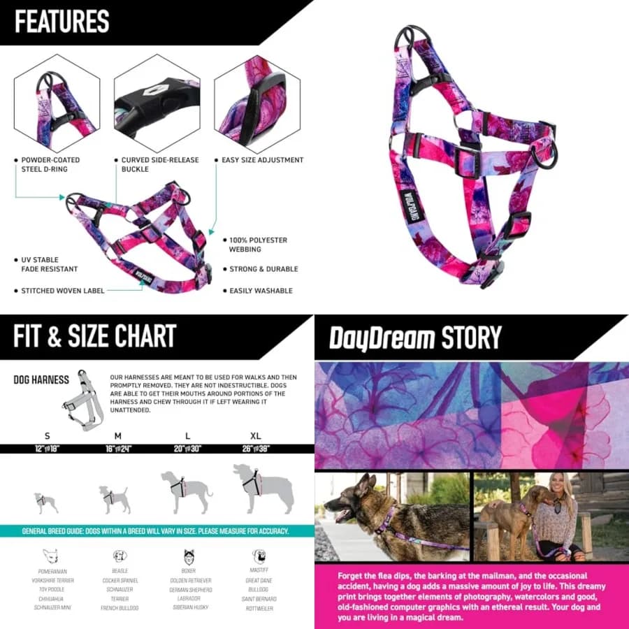 Imbracatura per cani regolabile e resistente Wolfgang, testata a carico fino a oltre 800 libbre per passeggiate e trasporto, Daydream Prt