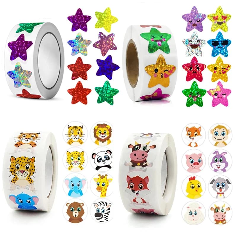 500/1000pcs Colorful Star Adhesive Holographic Star Stickers Zoo Farm Scrapbook Sticker Roll Labels For Kids DIY Gift Toys