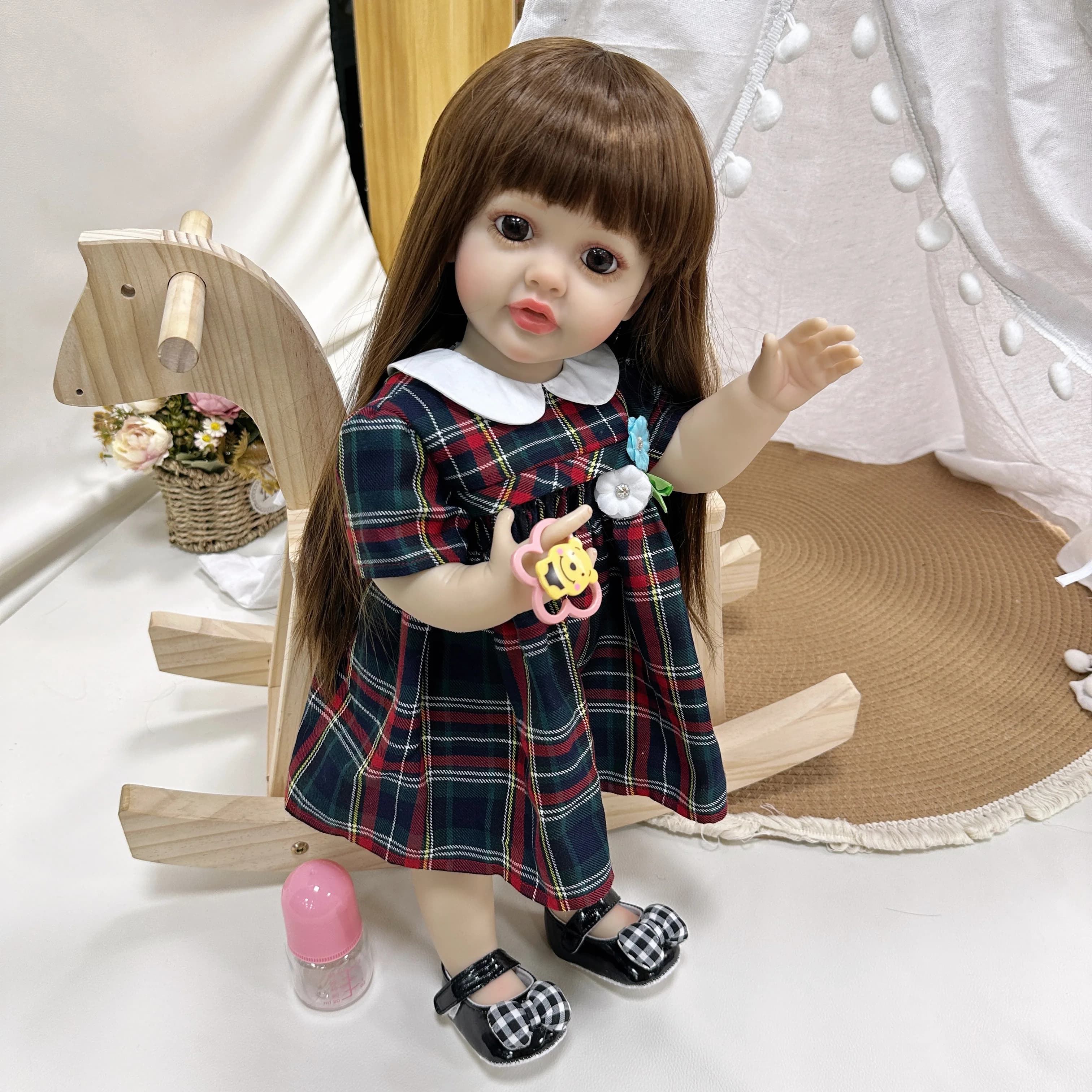 Cokela Reborn Doll 55Cm Vinyl With Long Hair Pink Clothes Silicone Baby DCokela Reoll Realistic Reborn Baby Doll For Girl'S Gift