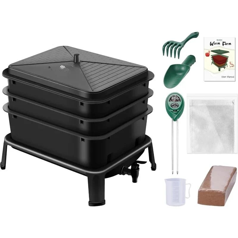Compositore di vermi a 3 vassoi, fattoria di vermi da 32 QT con kit di avviamento di vermi compost per interni ed esterni, contenitore a vite senza fine per