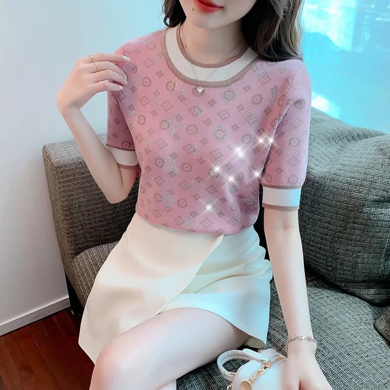 Cardigan estivo Pullover lavorato a maglia per donna cappotti moda coreana t-shirt manica corta trapano caldo lucido a buon mercato all'ingrosso nuovo