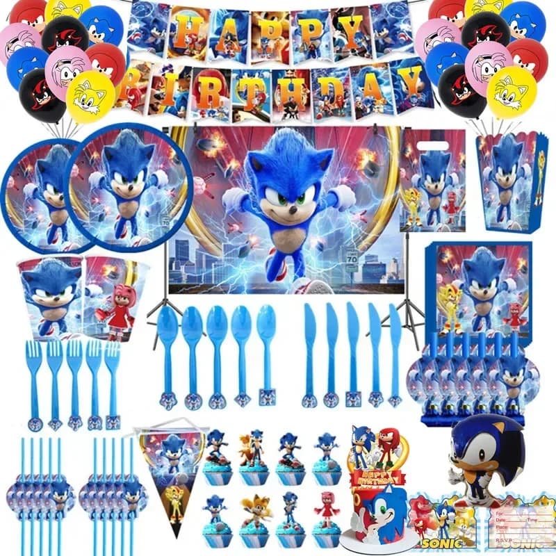 Personaggio anime Cartoon Hedgehog Tovaglia Banner Piatti Set di stoviglie Sonic Decorazioni per feste di compleanno e giocattoli da bagno Regalo