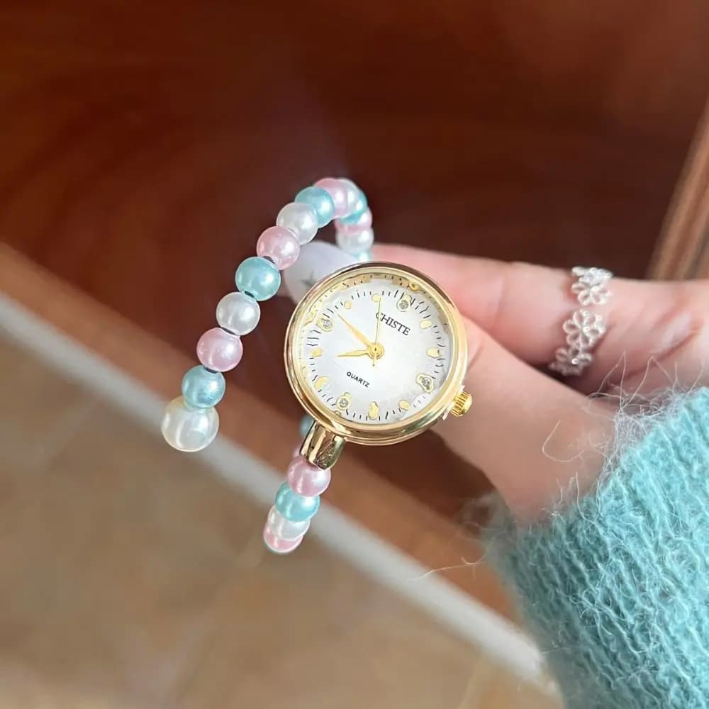 Orologio da Polso Vintage con Perle Arcobaleno, Regolabile, Lussuoso, Elegante Regalo per Donne