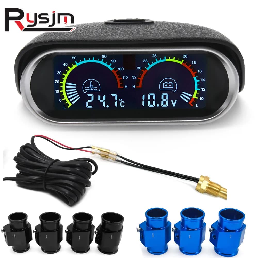 Digital Horizontal 2 in 1 LCD Water Temp Temperature Voltmeter Volt Gauge With 10mm 1/8NPT Temp Sensor For 12V/24V Car Truck