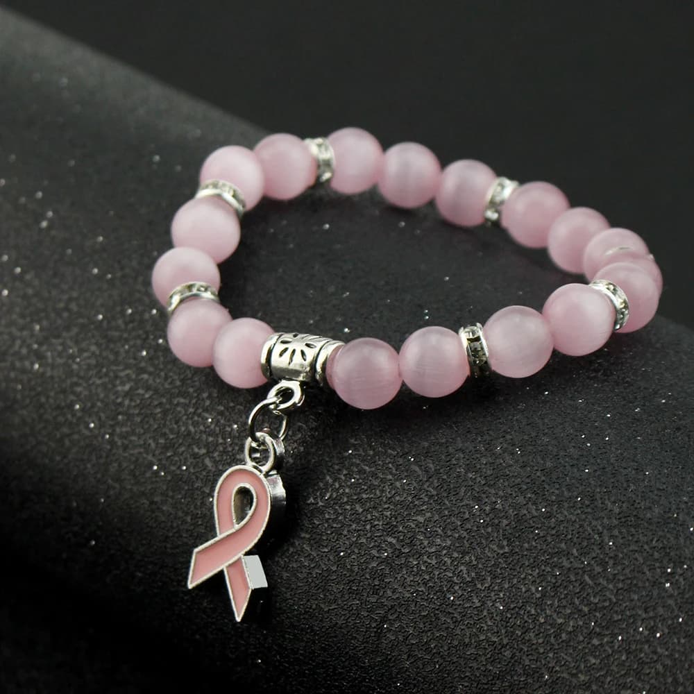 Braccialetto di quarzo rosa naturale consapevolezza del cancro al seno braccialetti con ciondolo a nastro rosa per braccialetti da donna gioielli carini di moda