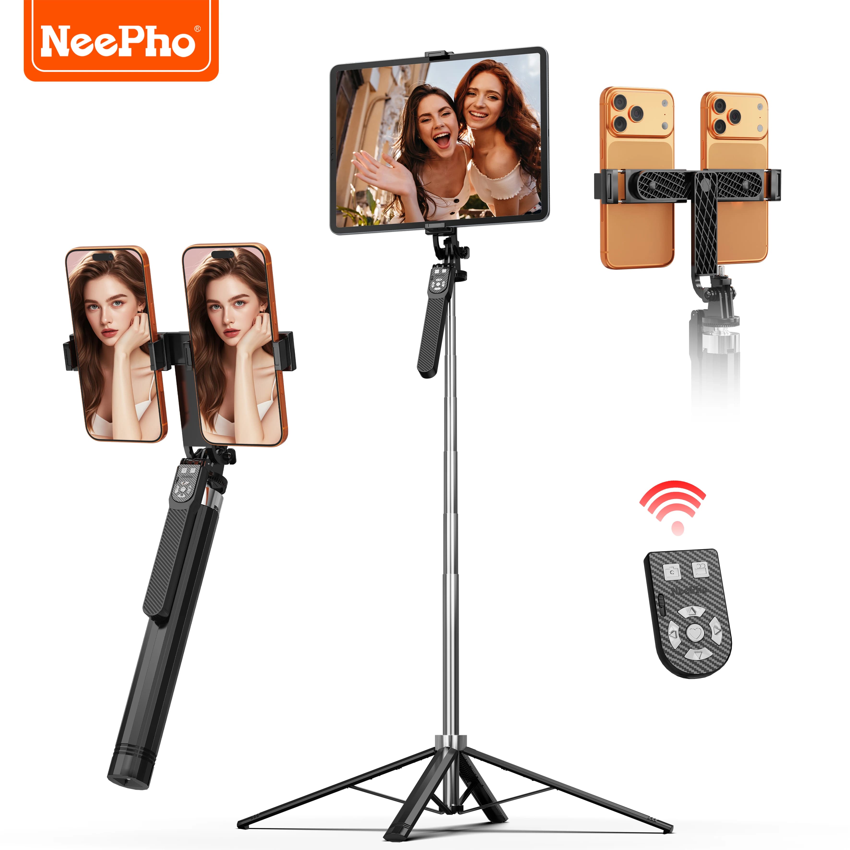 NeePho Asta Selfie Estensibile 185cm con Treppiede NP-L9, Doppio Supporto per Telefono, Telecomando Wireless, Supporto Quadrupede, per Telefono/Tablet/Gopro