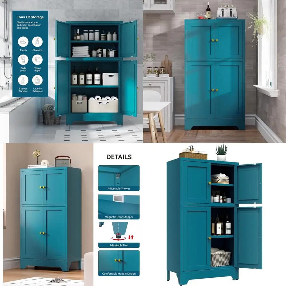 4-door cabinet with metallic accents and 2 adjustable shelves, blue kitchen organizer, pantry, living room, hallway