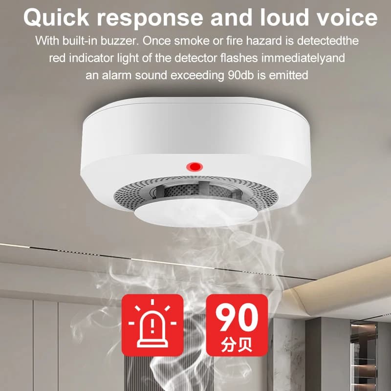 Allarme rilevatore di fumo intelligente WiFi Tuya, alta sensibilità, controllo APP per la sicurezza domestica (senza batteria)