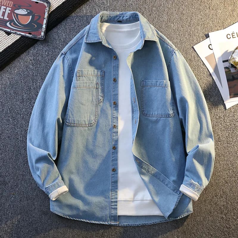 Men's Denim Shirt Spring Autumn Thin Color Casual Top Long Sleeve Workwear Shirt Jacket Fashion Urban Style Standard Fit
