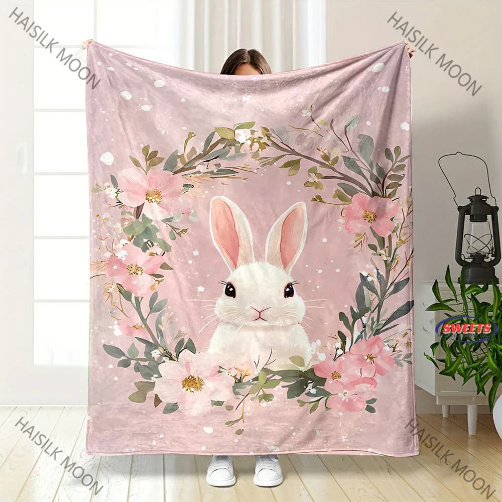 Coperta da tiro in flanella con stampa di coniglio carino, accogliente, calda, morbida, leggera, per divano letto, per neonati e animali domestici, adatta a tutte le stagioni