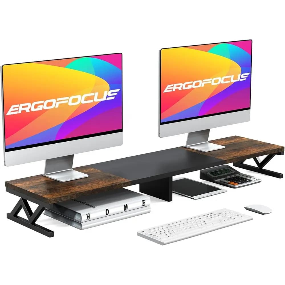 Supporto Ergonomico per Doppio Monitor con Vano Portaoggetti, Organizzatore da Scrivania in Legno e Acciaio per Migliorare lo Spazio di Lavoro