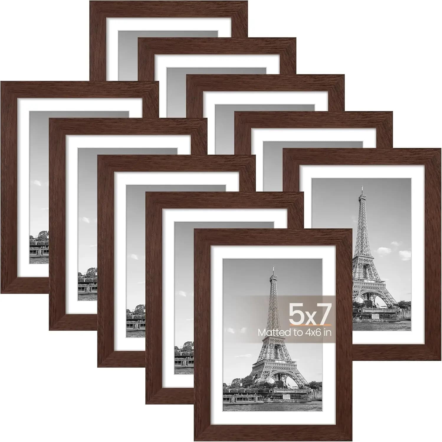 Set di 10 Cornici per Foto 5x7, Esibisce Foto 4x6 con Passepartout o 5x7 Senza, Cornici Collage per Parete o Tavolo, Marrone
