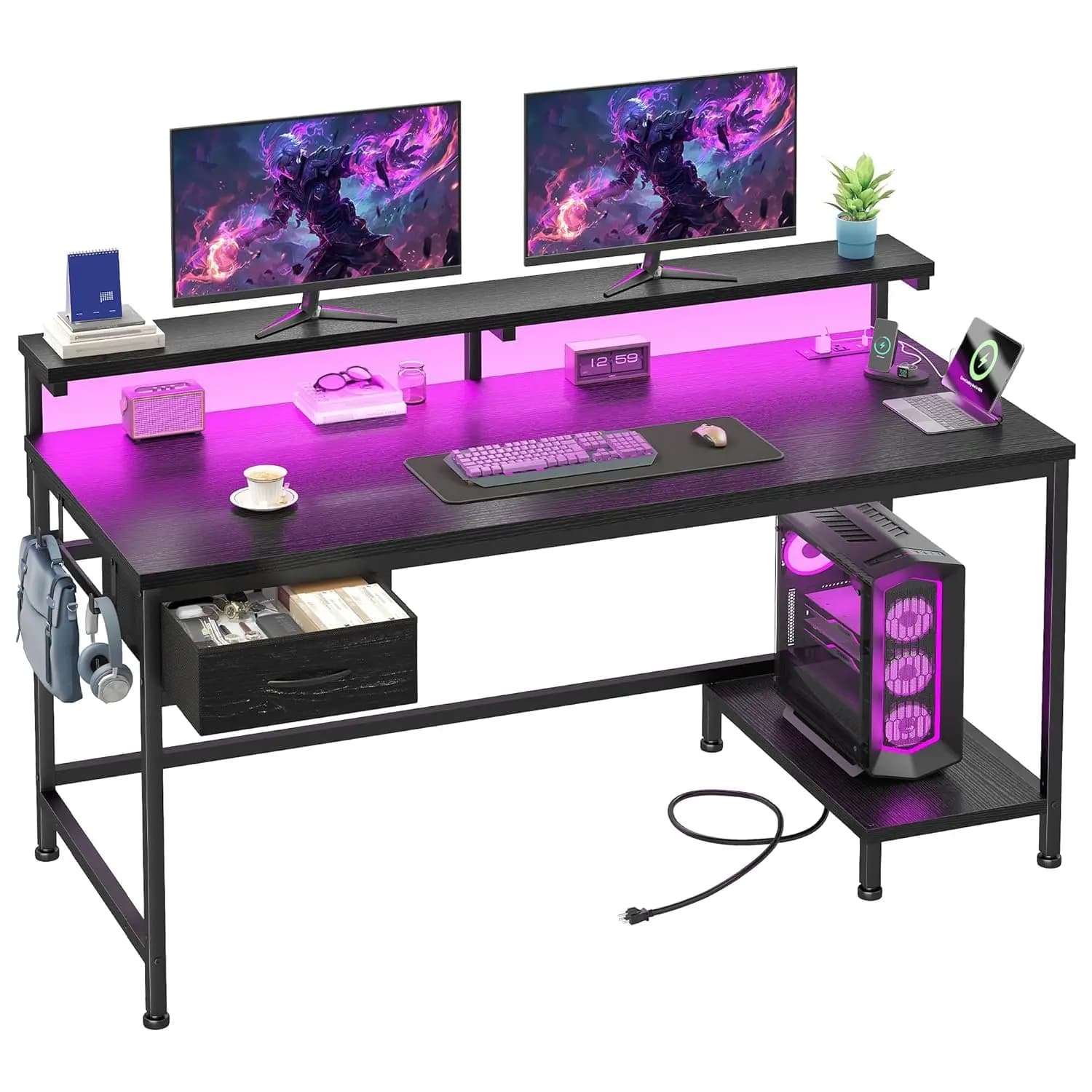 47.2" Gaming Desk with Power Outlet and LED Lights,Bedroom,Black | Computer Desk with CPU Stand,Adjutable Monitor, Customized