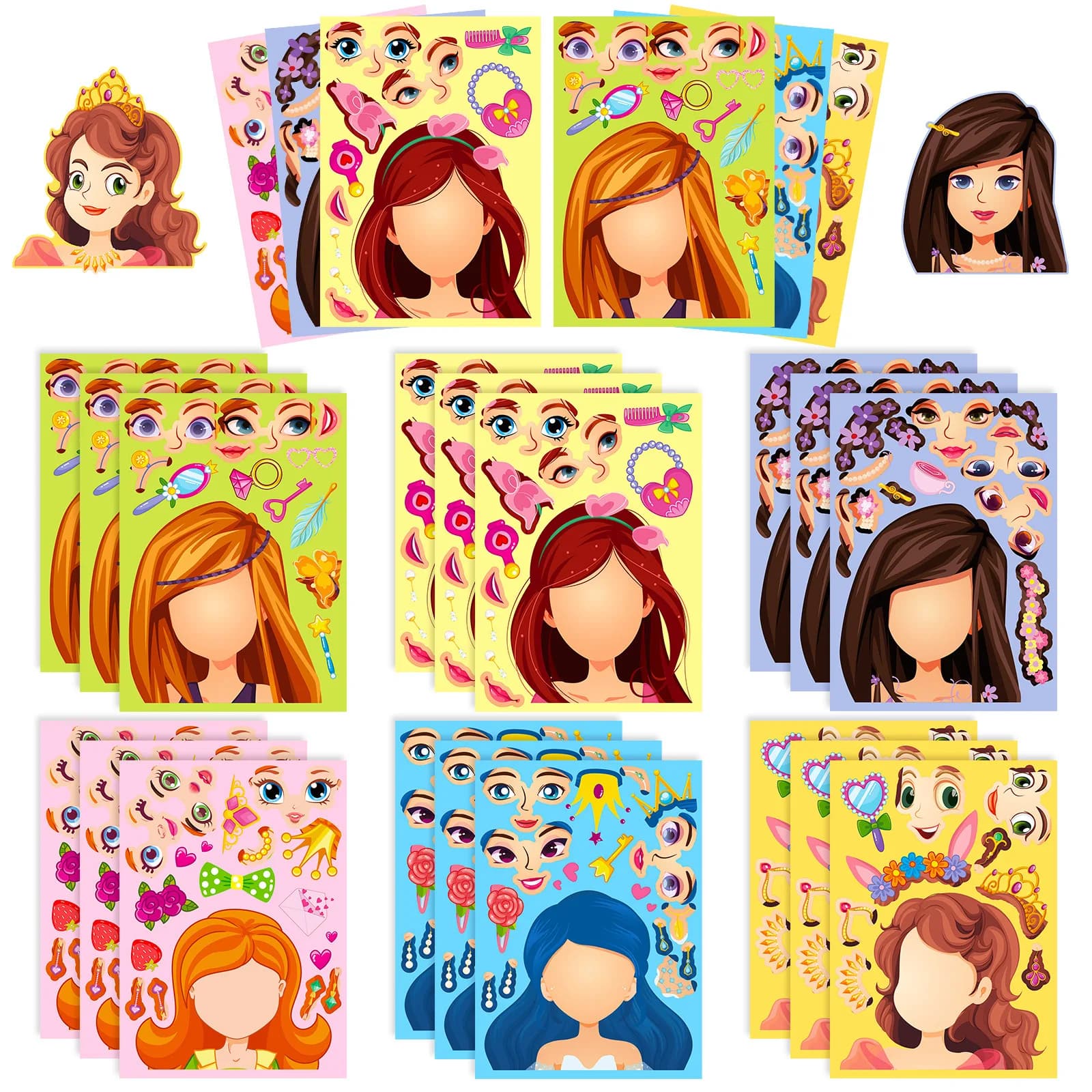 6 fogli bambini fai da te Puzzle Sticker giochi 6 Princess Make A Face Funny assemblare Jigsaw Stickers giocattoli educativi per bambini