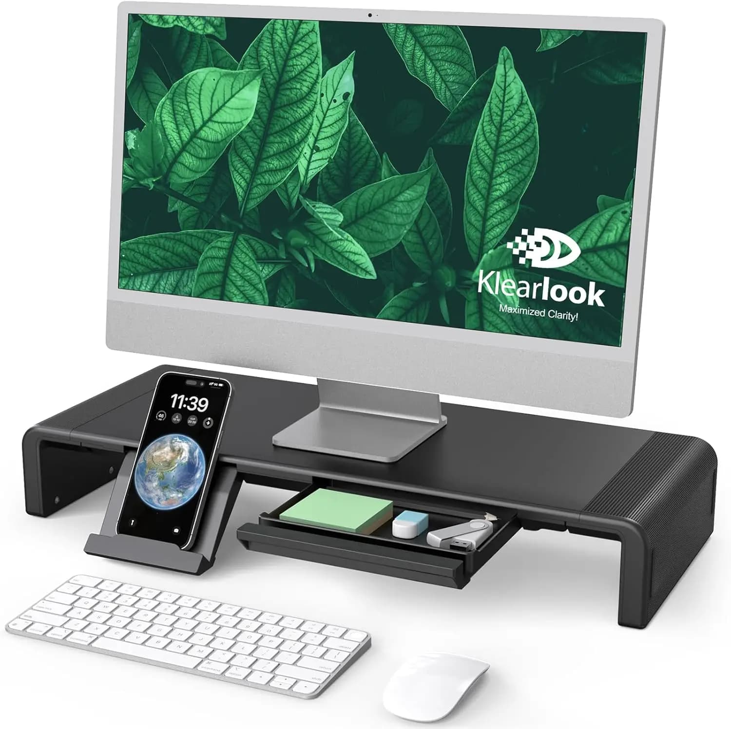 Support for Adjustable and Foldable Monitor with Storage Box and Tablet Door for Office and Home (Black)