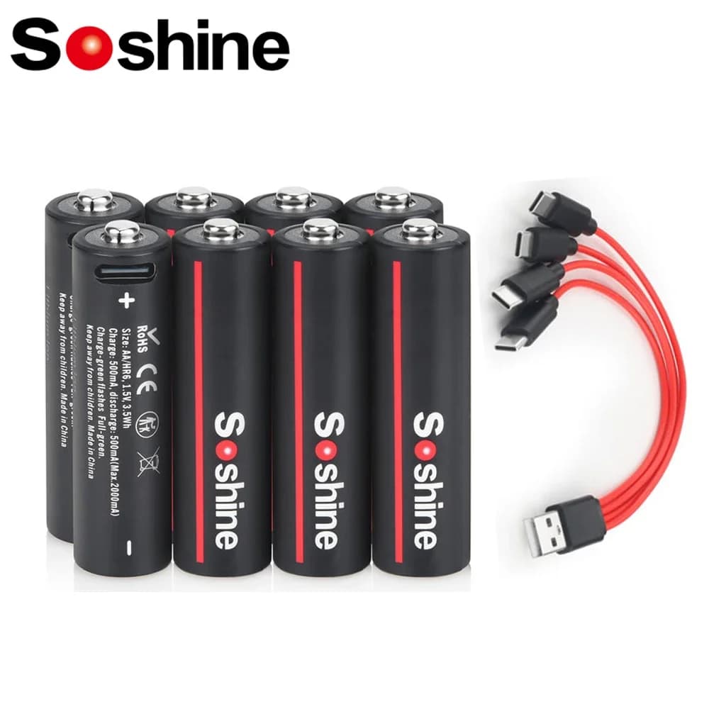 Batteria al litio Soshine da 1,5 V USB 3500 mWh Batterie ricaricabili AA con cavo USB 4 in 1 per fotocamera per macchina da gioco con rilevatore di fumo