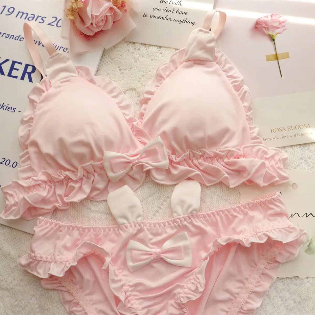 Set di biancheria intima per ragazze con orecchie di coniglio bianche, reggiseno sottile per ragazze giapponesi, puro desiderio, piccolo petto, senza ferretto