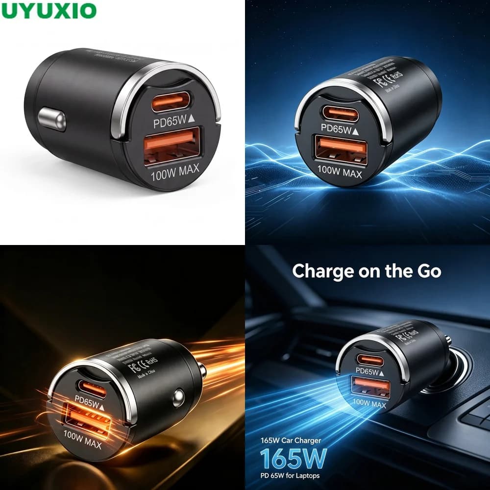 165W Travel Car Charger PD 65W Type C and 100W USB A Power for Mobile Devices and Laptops Ultra Compact Flush Mount Design