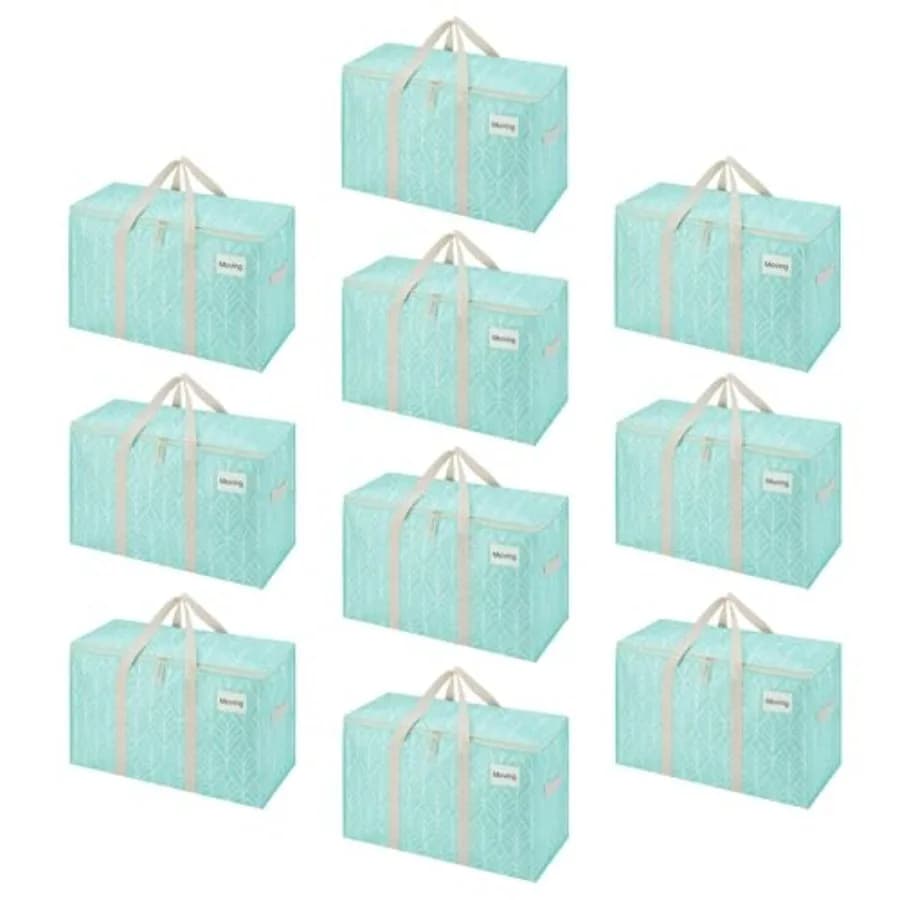 Confezione da 10 Sacchi per Trasloco Extra Grandi e Resistenti per Vestiti e Stoccaggio in Dormitorio, Pieghevoli, Riutilizzabili, con Manici Rinforzati e Cerniere Robuste, Blu Navy